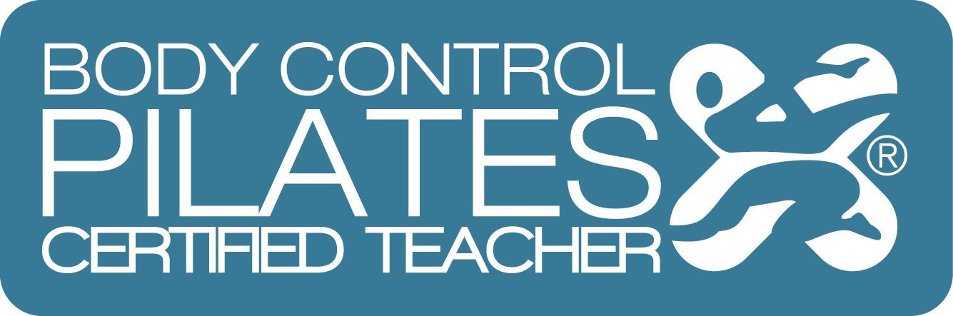 Body Control Pilates Certified Teacher logo on a blue background.